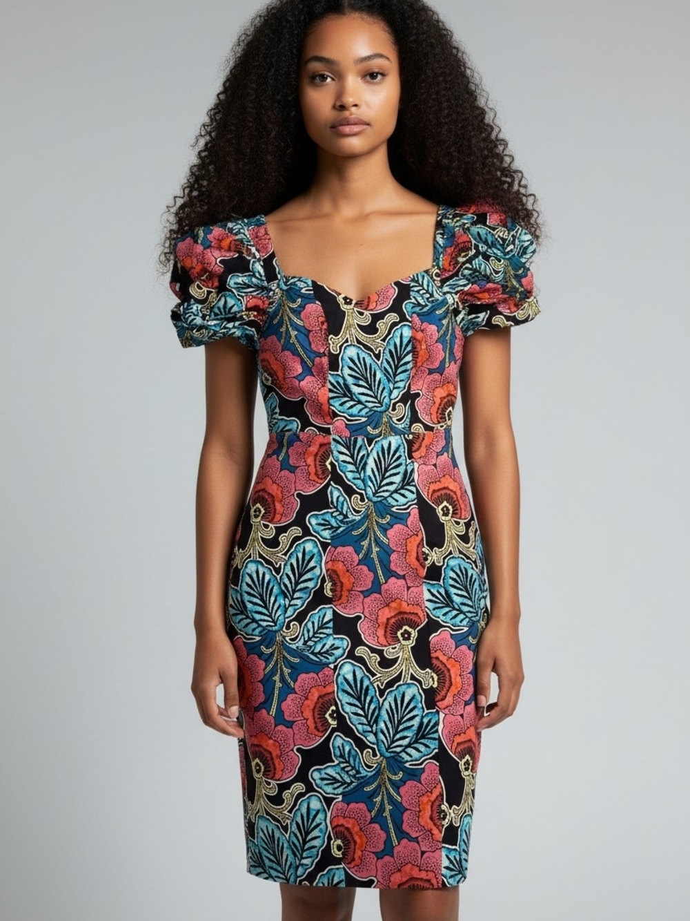 Ankara Wax Block Priny LIKE Puff-Sleeve Midi Dress in Multicolor Floral 4595